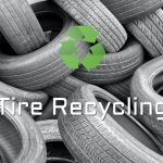 pile of old tires with recyce logo and text "Tire Recycling"