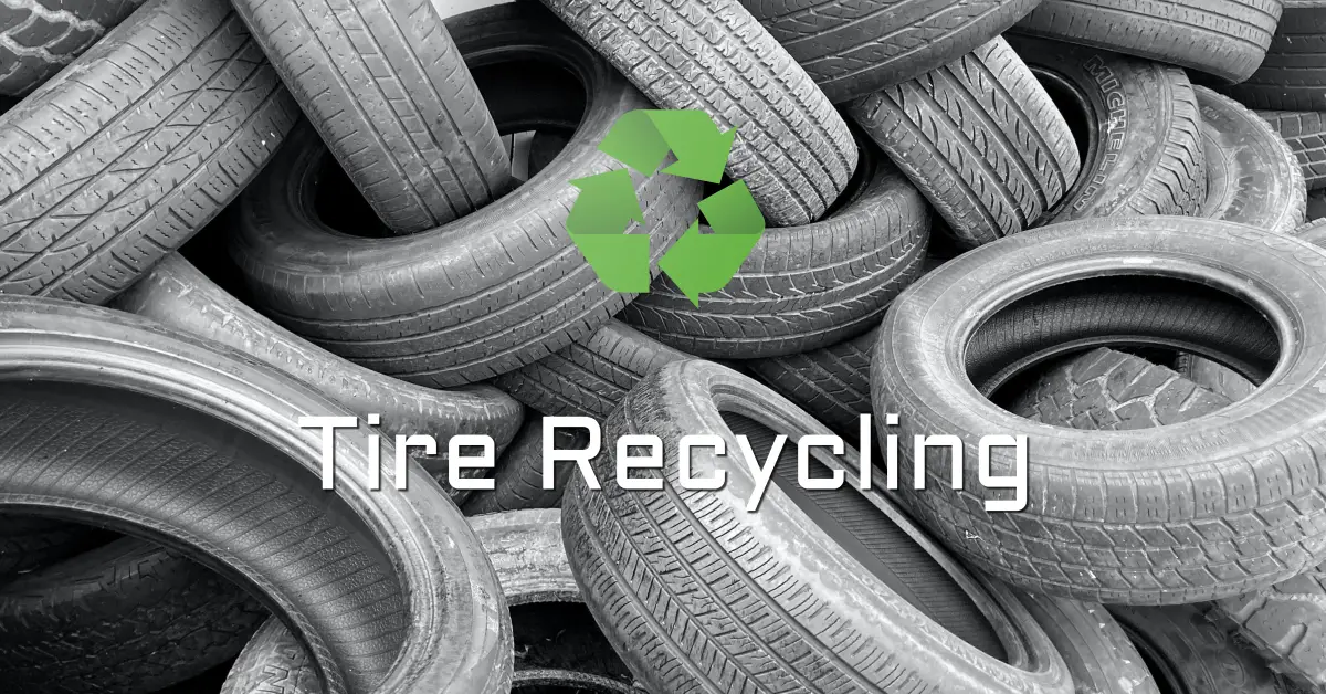 pile of old tires with recyce logo and text "Tire Recycling"